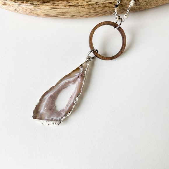 Geode Slice Pendant with Pink Druzy and Wood Ring - Picture 8 of 8